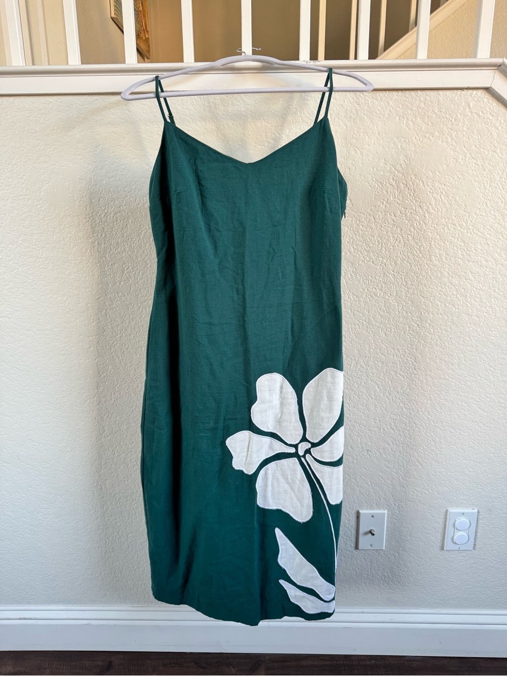 Anthropologie Linen Blend Green Floral Midi Dress with White Bloom